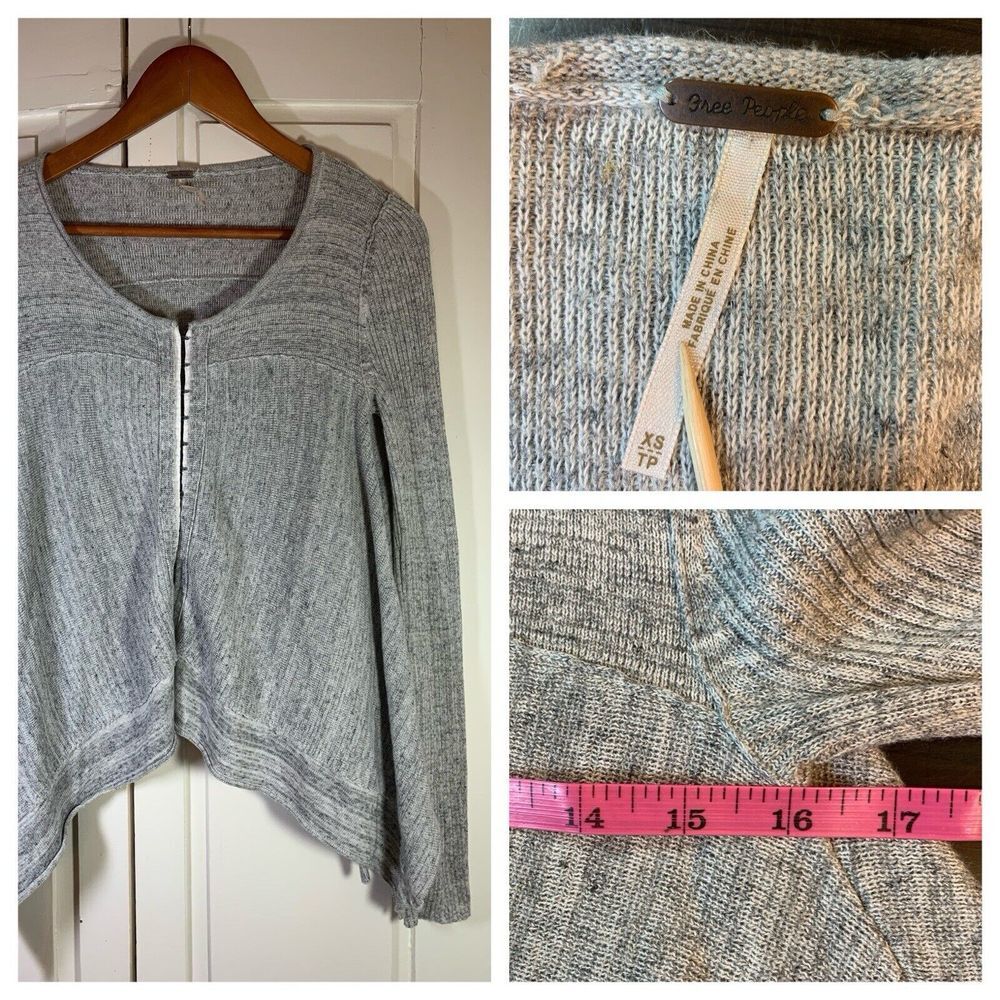 Free People BOHO Linen Blend Cardigan Sweater XS Gray Knit Artsy Lagenlook Lagom